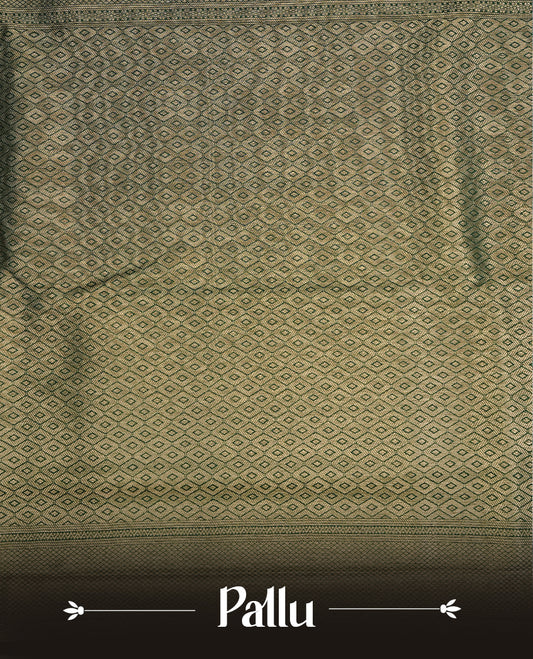 Emerald green colour soft silk saree featuring gold zari pattern on body, complemented by self colour with traditional border, paired with matching blouse piece.