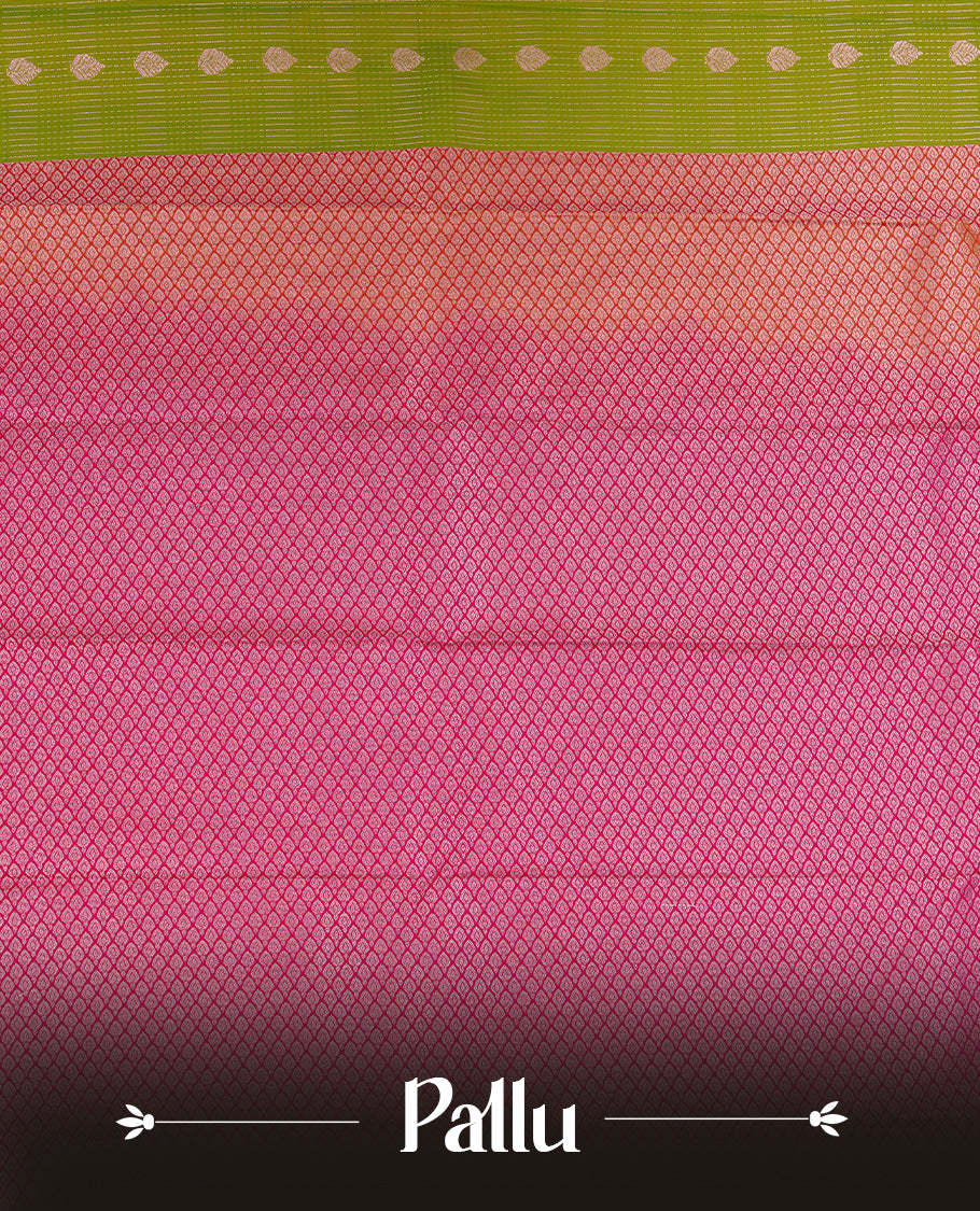 Lemon coloured soft silk saree featuring gold zari stripes and motifs across the body, enhanced with a contrast rani pink border and pallu, paired with a matching contrast blouse piece