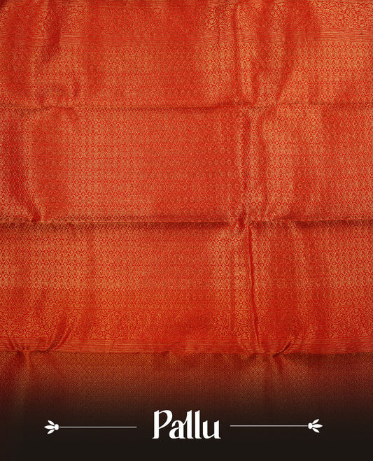 Red colour kancheepuram silk sareee featuring gold zari floral kodi pattern on body, complemented by self colour with traditional border, paired with matching blouse piece.