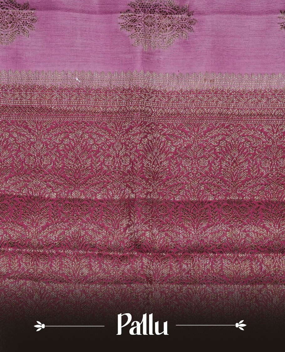 Pastel Orchid Pink Colour Tussar Silk saree with elegant antique zari floral motifs On Body , a contrasting magenta zari border, a rich zari pallu, Paired With a matching blouse piece.