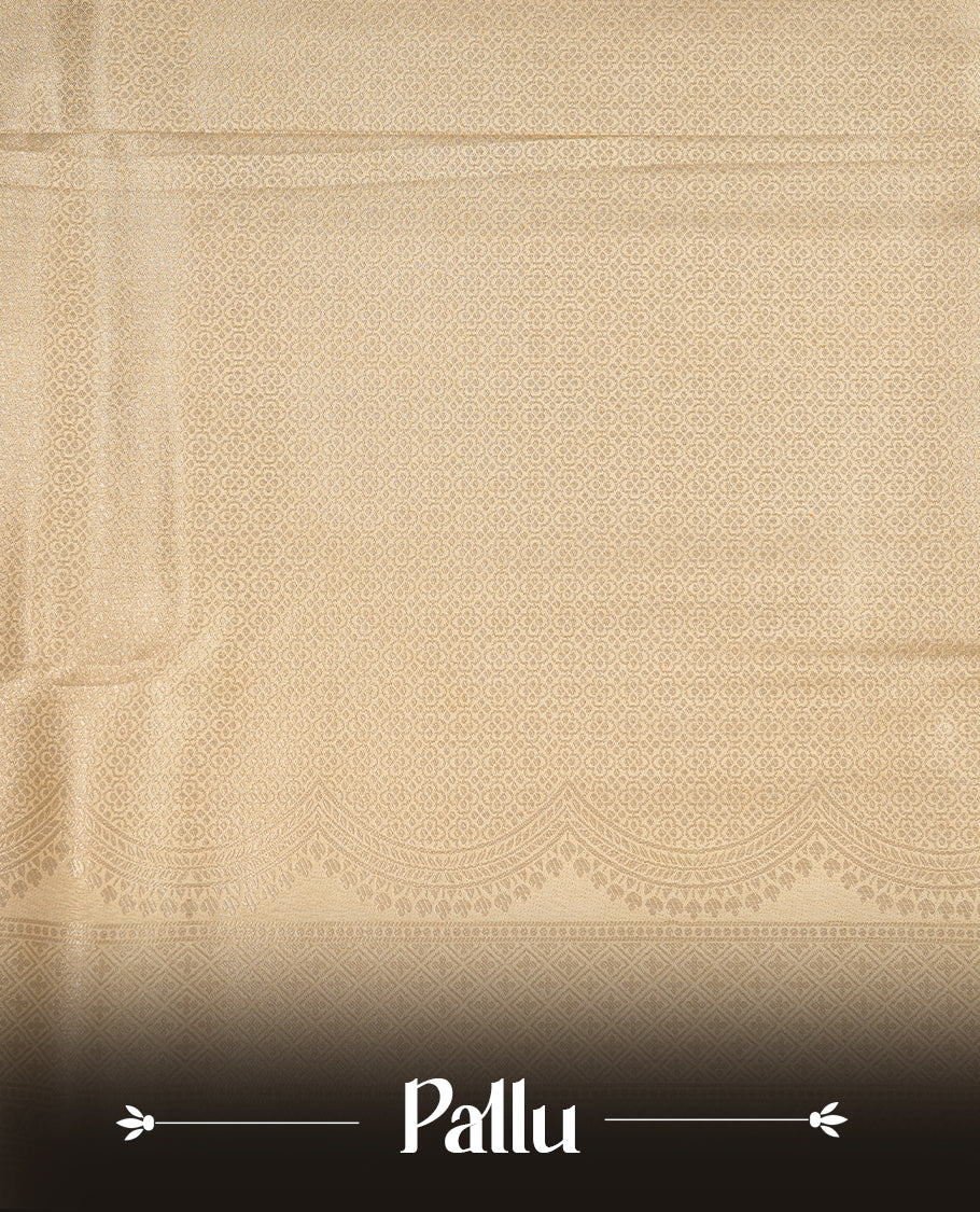 Cream colour soft silk saree featuring gold zari Geometric pattern on body, complemented by self colour with traditional border, paired with matching blouse piece.