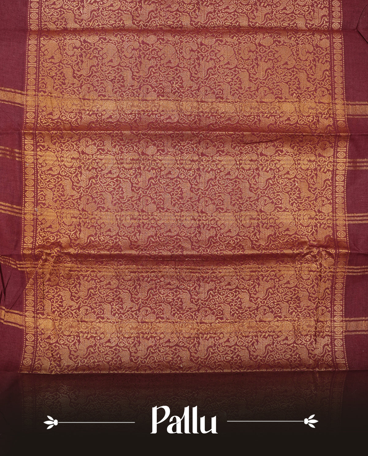 Maroon Colour Sungudi Cotton Saree with gold zari elephant & Peacock motifs on the body, a self zari border, and a rich gold zari pallu. Paired with a Contrast Beige colour blouse Piece featuring a gold zari border.