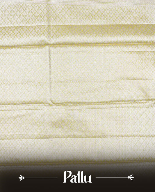 Pale Yellow colour Semi tissue silk saree featuring Silver zari kodi floral motifs on body, Self colour with traditional border, paired with matching blouse piece.