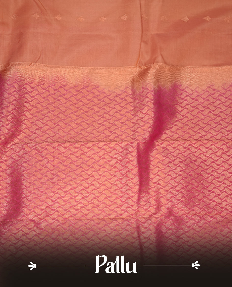 Sandalwood colour soft silk saree featuring gold zari motifs on the body, complemented by a contrast Magenta traditional zari border and pallu, paired with a matching blouse piece.