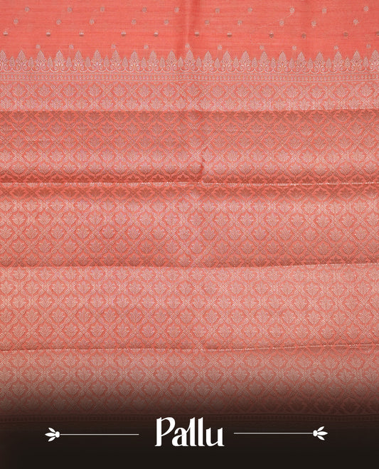 Pastal peach colour banaras soft silk saree featuring silver zari dotted stripes on body, self colour border with silver horse pattern, pallu and paired with matching blouse.