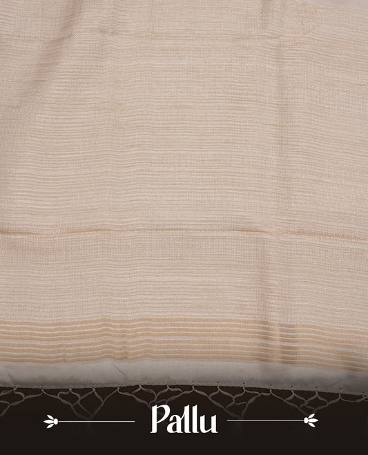 Beige colour Tussar silk saree featuring Elegant plain body, highlighting Lavender colour floral cut work with Light gold zari border, pallu and paired with matching blouse piece.