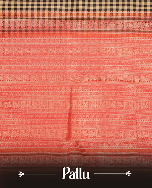Black & beige colour traditional kancheepuram silk saree featuring check pattern on body, complemented by contrast multicolour with gold zari traditional border, paired with matching blouse piece.