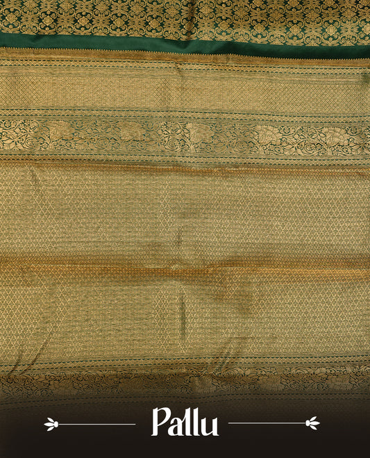 Bottle green colour kancheepuram silk saree featuring gold zari pattern across body, complemented by selfcolour border traditional zari border, paired with matching blouse piece.