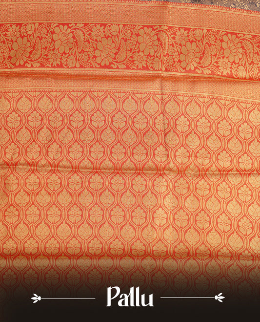 Blue & gold double shade colour semi tissue silk saree featuring gold zari floral kodi pattern on body, contrast Red colour with gold zari traditional border, paired with matching blouse piece.