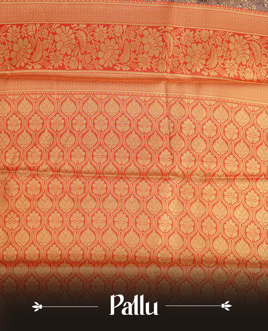 Blue & gold double shade colour semi tissue silk saree featuring gold zari floral kodi pattern on body, contrast Red colour with gold zari traditional border, paired with matching blouse piece.
