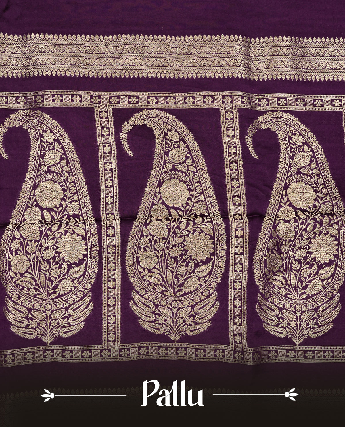 Purple colour Banaras satin crepe silk saree featuring Plain body, associate with Gold zari traditional border, comes with matching blouse piece.