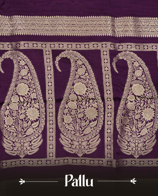 Purple colour Banaras satin crepe silk saree featuring Plain body, associate with Gold zari traditional border, comes with matching blouse piece.