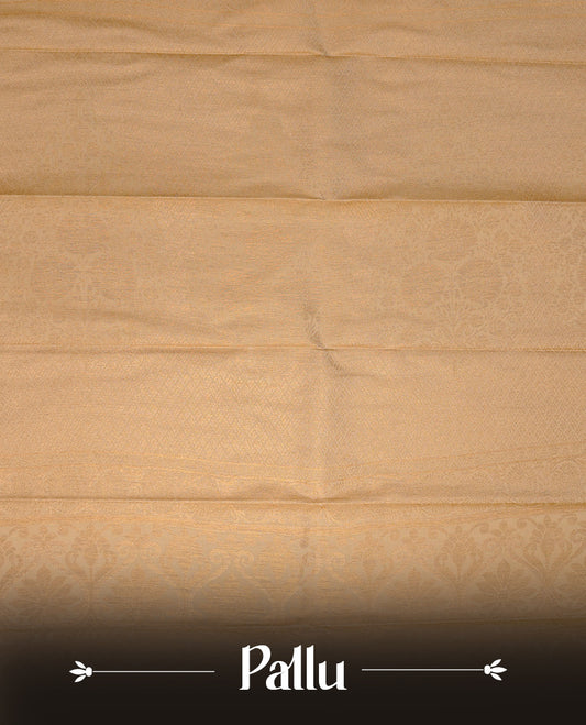 Orange coloured soft silk saree featuring gold zari stripes and motifs across the body, enhanced with a contrast Cream border and pallu, paired with a matching contrast blouse piece.