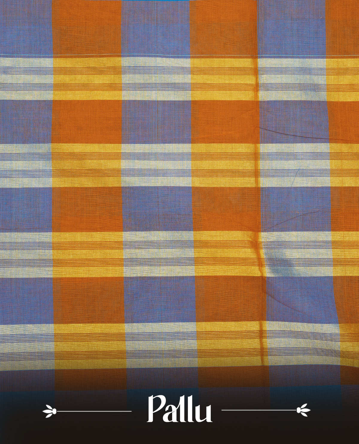 Rust orange & Blue colour Chettinad cotton saree featuring a check pattern on the body, complemented by a self-colour gold zari border, comes with a matching blouse piece