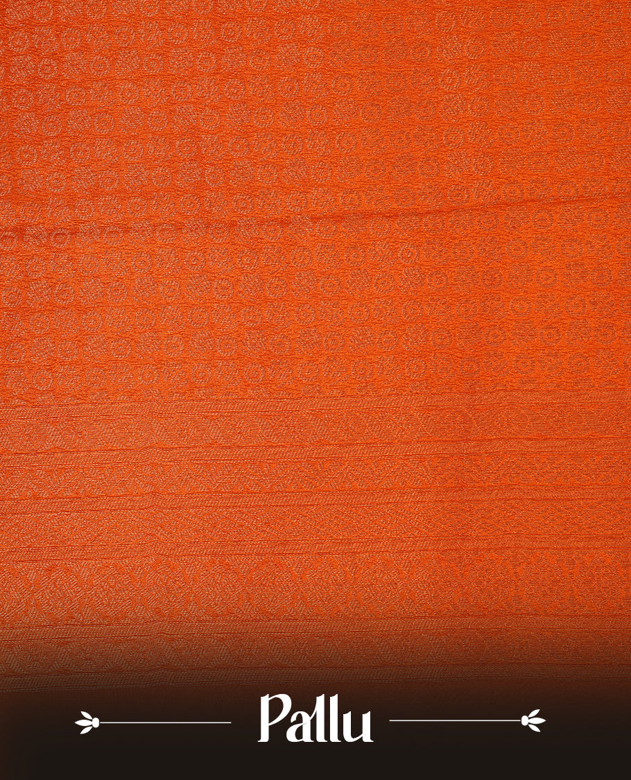 Orange colour softie silk saree featuring ovel shape stripes across body, complemented by self colour with traditional border, paired with matching blouse piece.