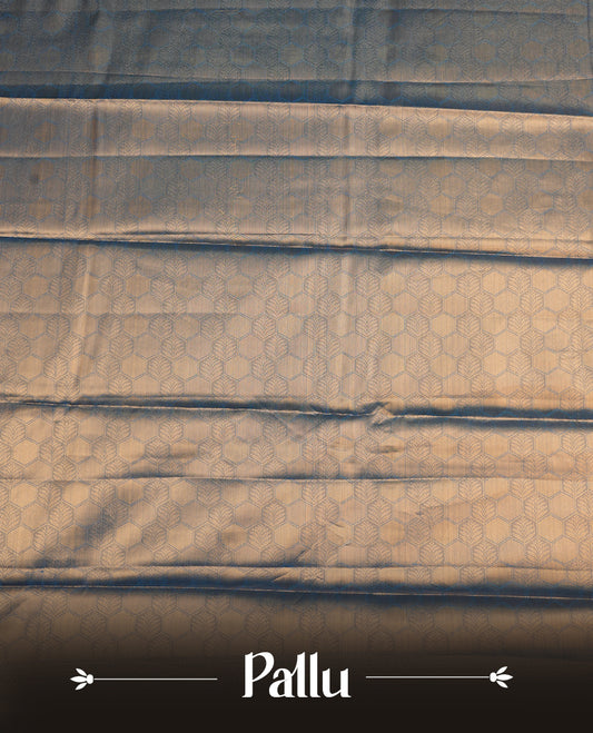 Blue & Gold colour semi tissue silk saree featuring gold zari floral kodi pattern on body, self colour with gold zari traditional border, paired with matching blouse piece.
