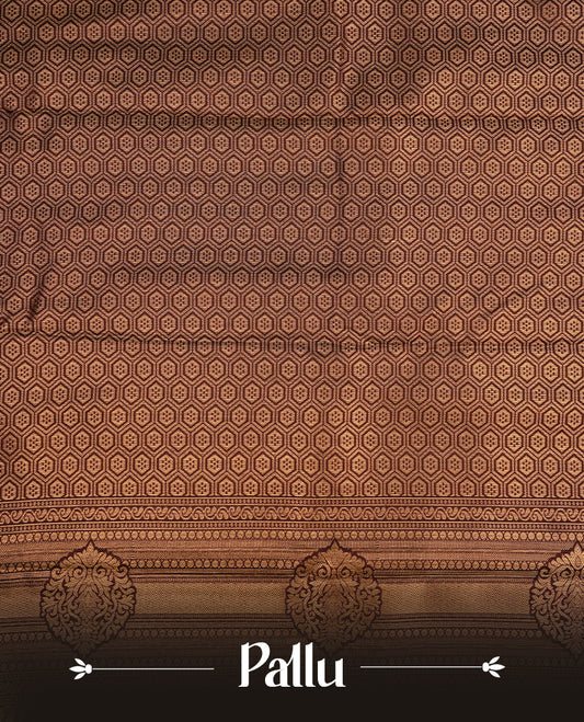 Orange colour semi wedding saree featuring gold zari Pattern on body, contrast chocolate colour with traditional border, paired with matching blouse piece.