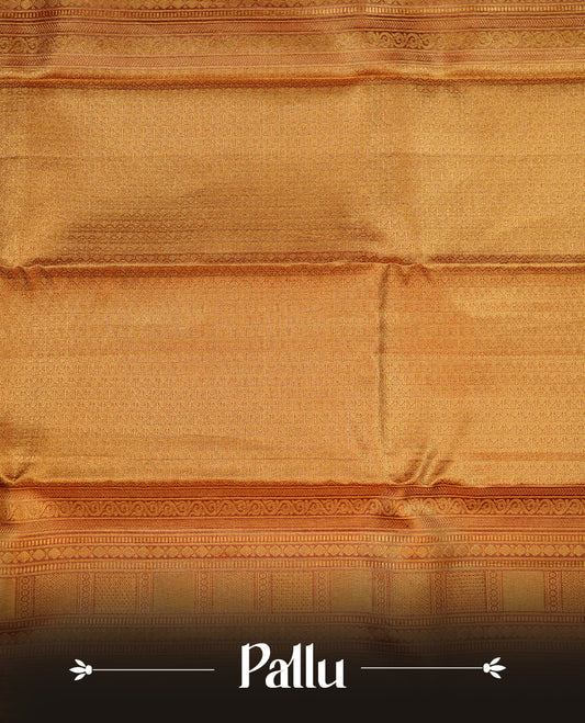 Gold & red double shade colour kancheepuram tissue silk saree featuring gold zari floral kodi pattern on body, complemented by contrast red colour with traditional border, paired with matching blouse piece.