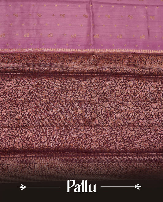 Deep lavender colour Pure banaras soft silk saree featuring Antique zari motifs on body, contrast Blackberry colour border , traditional pallu and paired with matching blouse