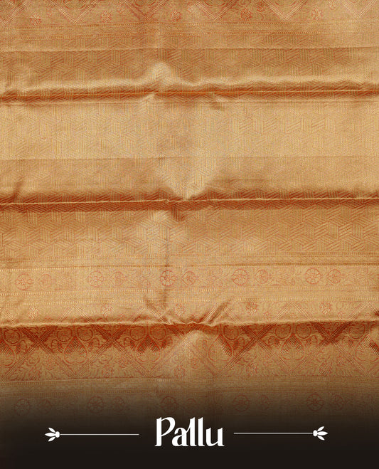 Gold & orange double shade colour kancheepuram tissue silk saree featuring gold zari floral kodi pattern on body, complemented by contrast orange colour with traditional border, paired with matching blouse piece.