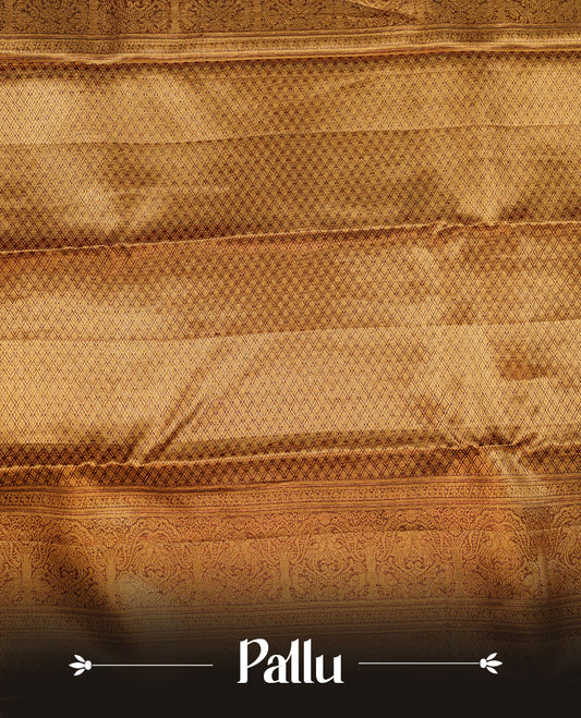 Gold & Maroon double shade colour kancheepuram tissue silk saree featuring gold zari floral kodi pattern on body, complemented by contrast Maroon colour with traditional border, paired with matching blouse piece.