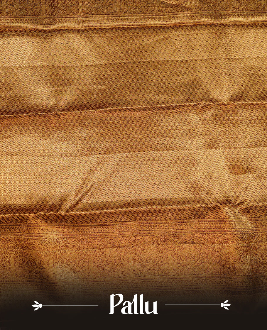 Gold & Maroon double shade colour kancheepuram tissue silk saree featuring gold zari floral kodi pattern on body, complemented by contrast Maroon colour with traditional border, paired with matching blouse piece.