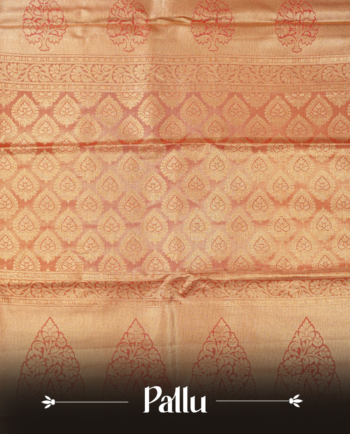 Orange colour Semi Tissue Silk Saree featuring gold zari floral kodi motifs on the body, complemented by an intricately woven gold zari pallu, a rich self-coloured border with gold zari, and paired with a matching plain blouse piece.