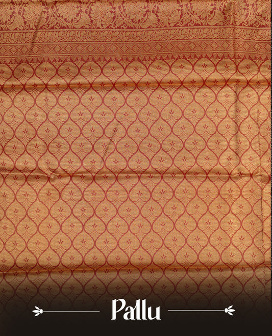Green & gold double shade colour semi tissue silk saree featuring gold zari floral kodi pattern on body, contrast Maroon colour with gold zari traditional border, paired with matching blouse piece.