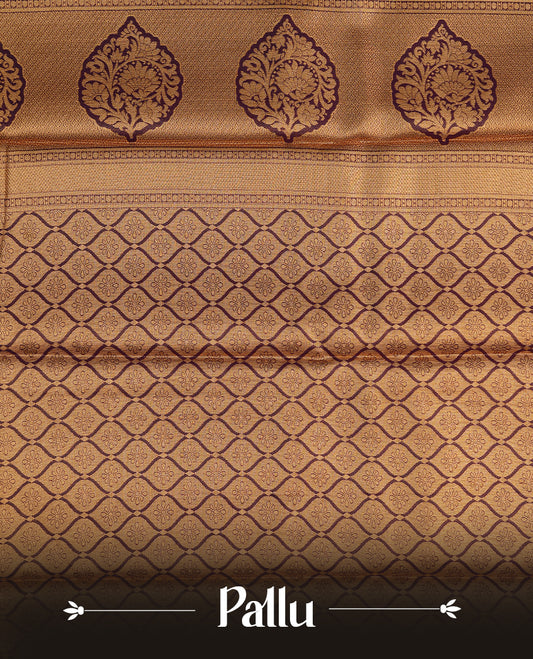 Pink & gold double shade colour semi tissue silk saree featuring gold zari floral kodi pattern on body, contrast purple colour with gold zari traditional border, paired with matching blouse piece.