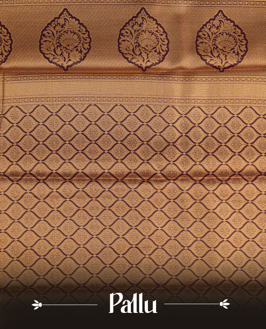 Pink & gold double shade colour semi tissue silk saree featuring gold zari floral kodi pattern on body, contrast purple colour with gold zari traditional border, paired with matching blouse piece.