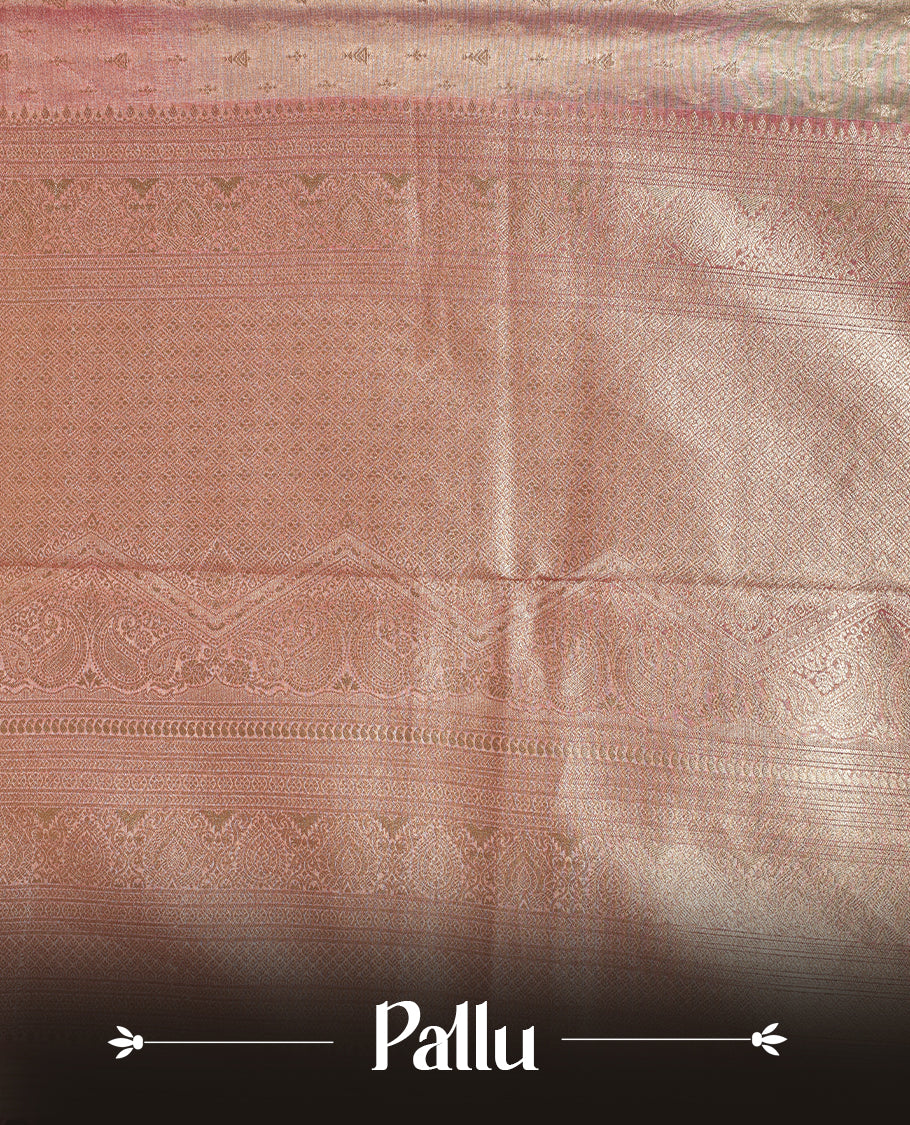 Pink, Light pink, gold triple shade colour semi Tissue silk saree featuring gold zari motifs on body, complemented by gold zari traditional border, paired with matching blouse piece.