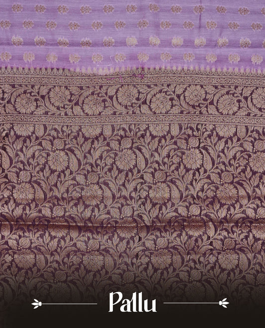 Lavender  Colour Tussar Silk saree with antique zari butta motifs On body, a Maroon floral zari border, a rich zari pallu, and Paired With a matching blouse piece.