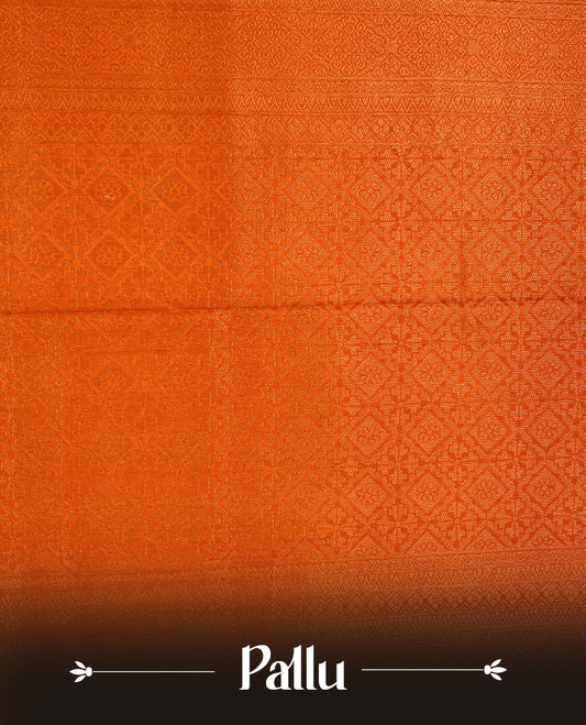 Orange colour softie silk saree featuring dotted stripes across body, complemented by self colour with traditional border, paired with matching blouse piece.