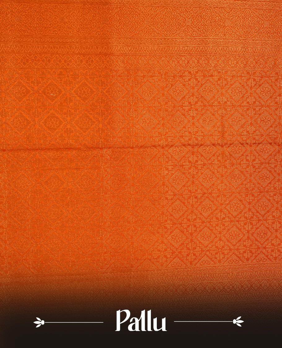 Orange colour softie silk saree featuring dotted stripes across body, complemented by self colour with traditional border, paired with matching blouse piece.