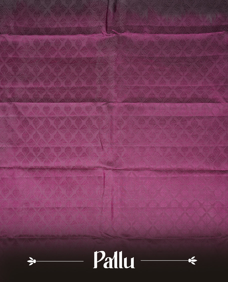 Dusty lavender colour soft silk saree featuring gold zari motifs on the body, complemented by a contrast magenta traditional zari floral kodi border and pallu, paired with a matching blouse piece.