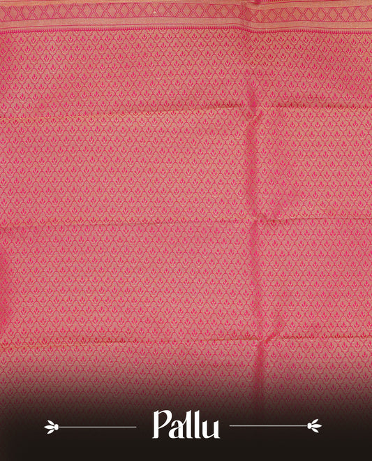 Pink colour soft silk saree featuring gold zari floral motifs on body, contrast self colour traditional border, grand pallu comes with matching blouse piece.