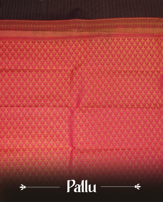 Deep purple coloured soft silk saree featuring gold zari stripes and motifs across the body, enhanced with a contrast Magenta border and pallu, paired with a matching contrast blouse piece.