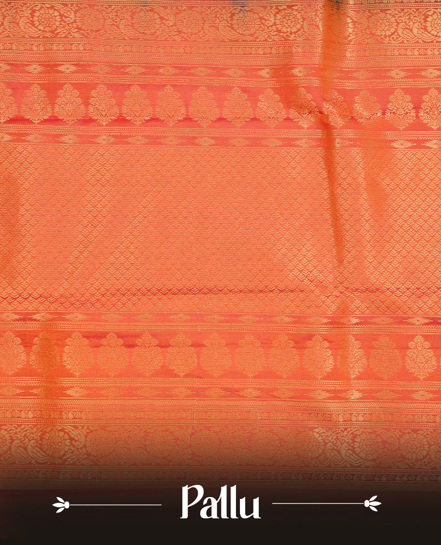 Peacock green colour traditional kancheepuram silk saree featuring gold zari motifs on body, complemented by contrast orange & purple colour with gold zari traditional border, paired with matching blouse piece.