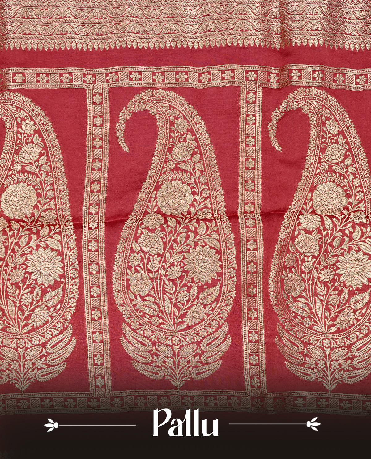 Red colour Banaras satin crepe silk saree featuring Plain body, associate with Gold zari traditional border, comes with matching blouse piece.