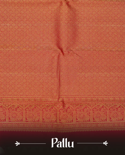 Bottle green colour Traditional Kancheepuram silk saree featuring Gold zari dotted checks on body, complemented by contrast maroon colour with traditional border, comes with matching blouse piece.