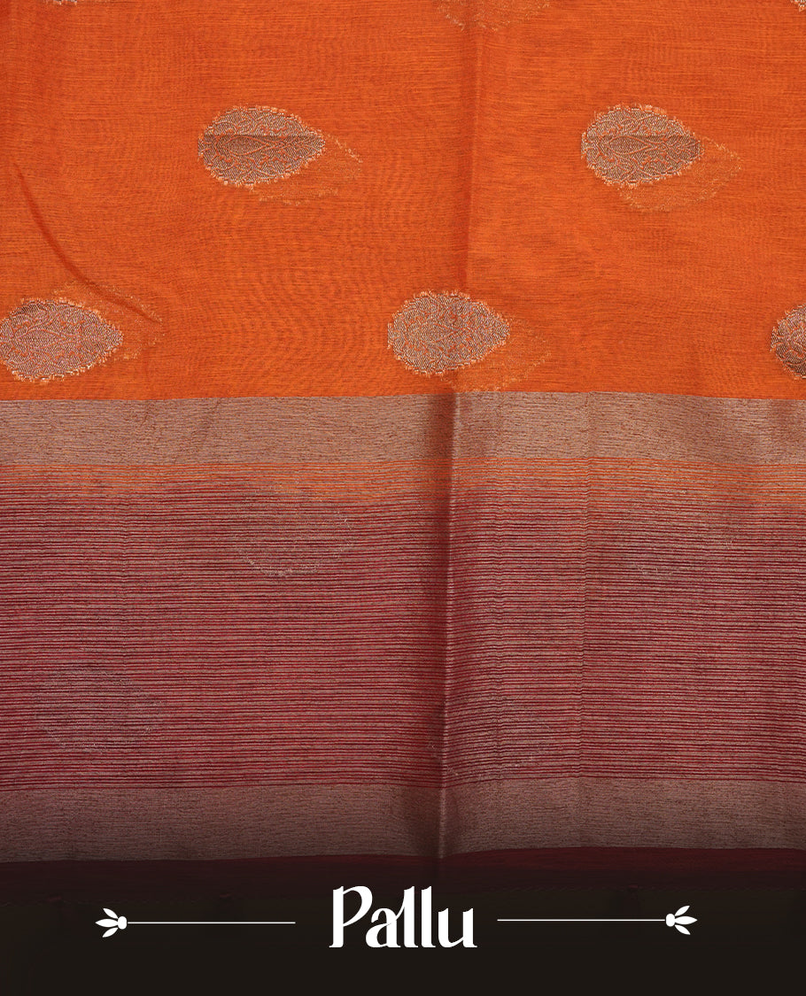 Burnt orange colour semi linen silk saree featuring antique zari motifs on body, traditional border with contrast maroon colour, pallu and paired with matching blouse