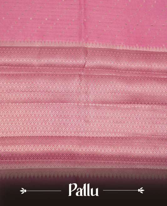 Pastal Purple colour banaras soft silk saree featuring silver zari dotted stripes on body, self colour border with silver horse pattern, pallu and paired with matching blouse.