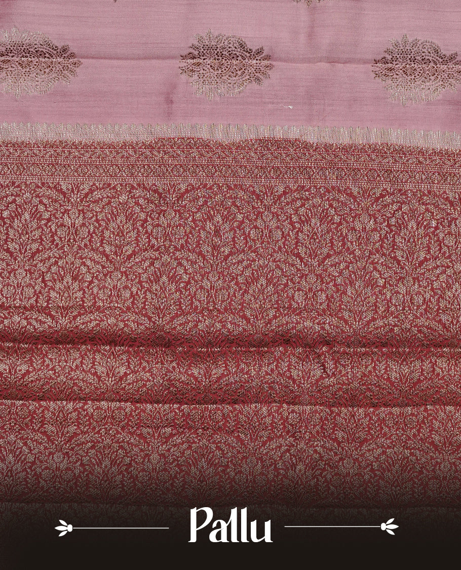 Blush pink  Colour Tussar Silk saree with elegant antique zari floral motifs On Body, a contrasting Maroon zari border, a rich zari pallu, Paired With a matching  blouse piece.