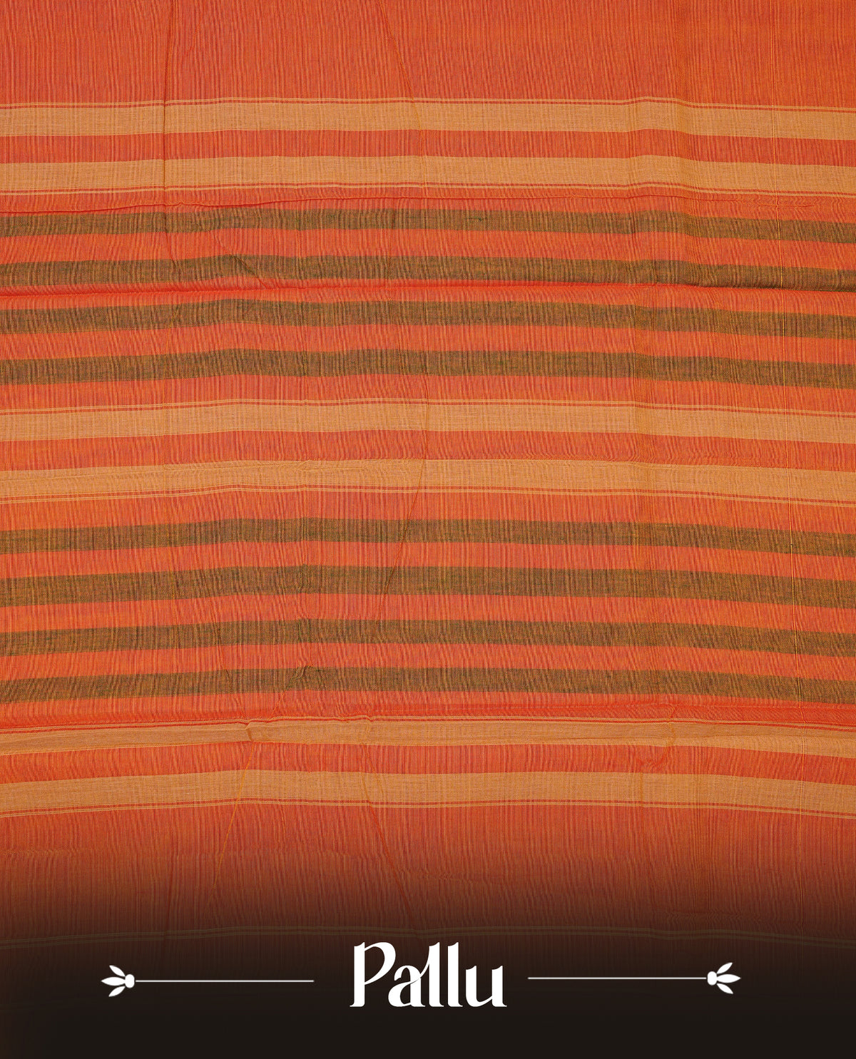 Orange colour Narayanapattu cotton saree with a plain body, complemented by a green colour with Beige colour mango motifs border & a striped contrast pallu, paired with a matching blouse piece.
