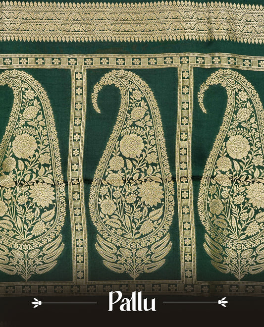 Green colour Banaras satin crepe silk saree featuring Plain body, associate with Gold zari traditional border, comes with matching blouse piece.