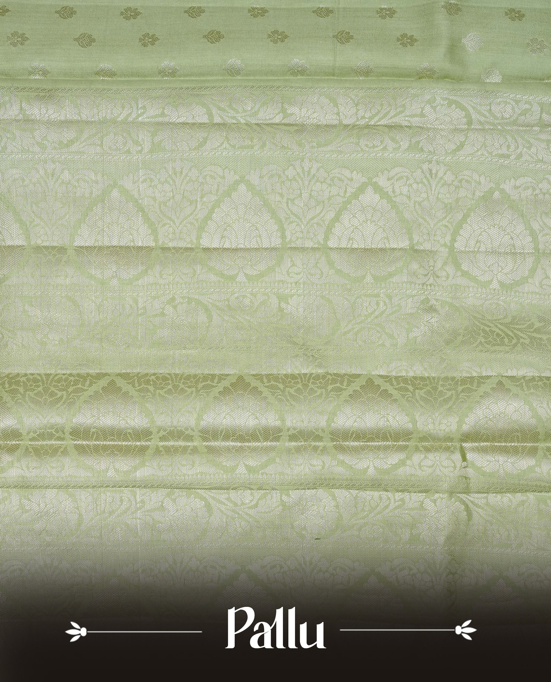 Pastel green Colour Tussar silk saree with silver zari buttas on Body , an elegant zari border and pallu, Paired With a matching blouse piece.
