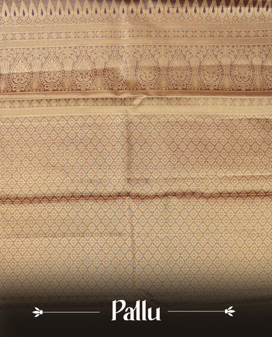Gold colour Semi Tissue Silk Saree featuring gold zari checks with peacock motifs on the body, complemented by an intricately woven gold zari pallu, a rich Purple border with gold zari work and paired with a matching plain blouse piece.
