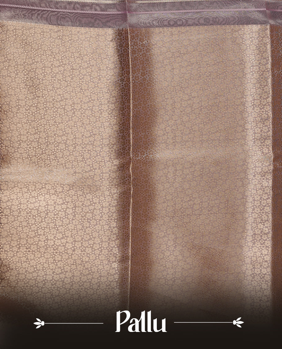 Lavender & gold double shade pure banaras tissue silk saree featuring gold zari floral & stripes on body, complemented by gold zari border, paired with matching blouse piece.