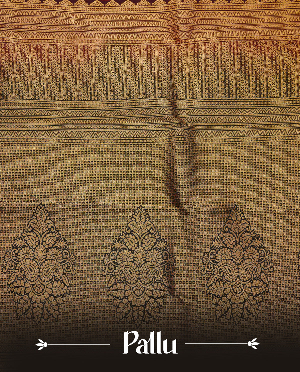 Red colour soft silk saree featuring gold zari motifs & buttas on body, contrast black colour traditional border, grand pallu comes with matching blouse piece.