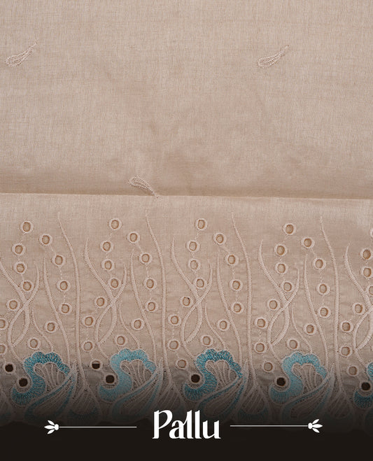 Beige colour Tussar silk saree featuring Elegant plain body, highlighting Blue colour thread worked scalp border, pallu and paired with matching blouse piece.